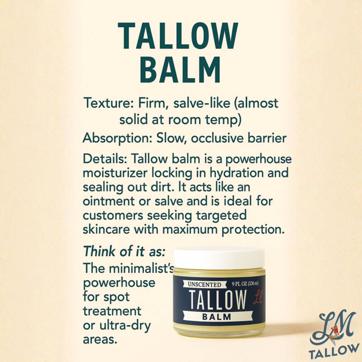 Unscented Tallow Balm | Natural l Beef Tallow Vitamin E, Jojoba Moisturizer for Face & Body |Clean, Preservative-Free Skincare by Lady May