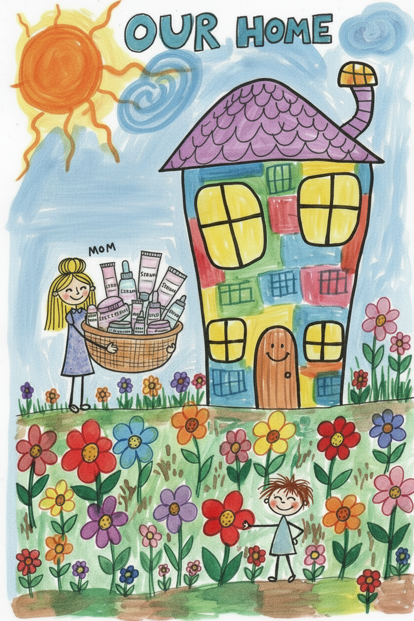 Mom outside house carrying skincare with clear sky above